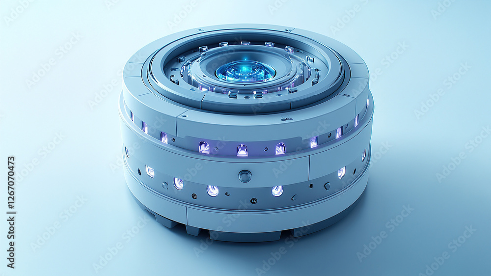 Poster futuristic circular device with blue lights and transparent core on a soft background