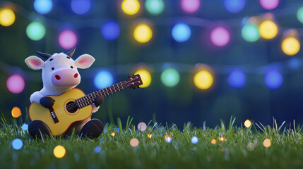 Fototapeta premium cartoon cow playing guitar in colorful light setting, creating joyful atmosphere