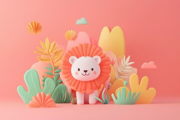 Cartoon Lion surrounded by plants on a colorful, playful background