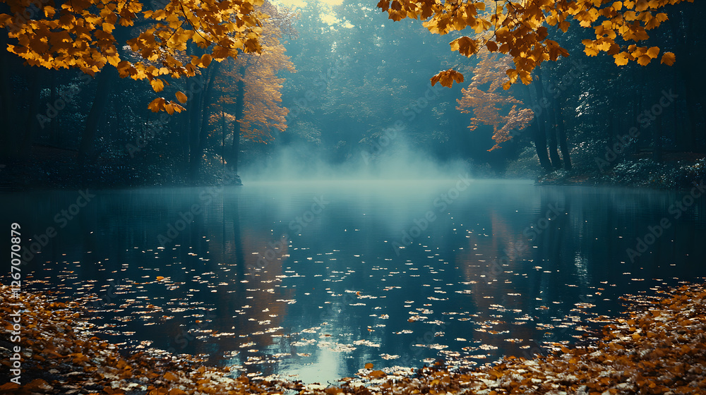 Poster enchanting autumn lake: captured from a low angle, a serene lake is enveloped in a mystical atmosphe