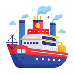 Obraz premium ship in the sea Commercial fishing boat side view isolated icon. Sea or ocean transportation, marine ship for industrial seafood production vector illustration in flat style