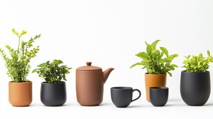 Obraz premium collection of modern pots and teapot with various green plants, showcasing minimalist aesthetic