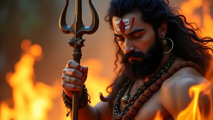 lord shiva holding trishul with fire background