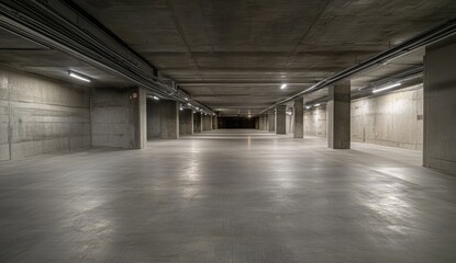 Empty concrete underground parking garage, pipes overhead, distant light