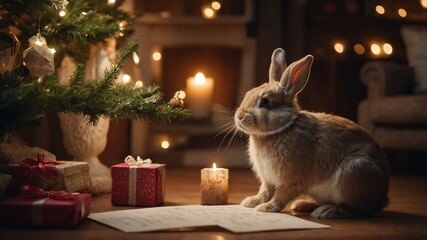 A rabbit sits beside a Christmas tree, surrounded by gifts and a candlelit ambiance.