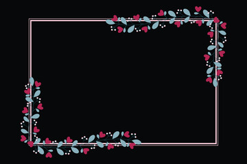 Beautiful Pink Rectangular Wreath Or Border Frame With Green Leaves And Love Red Flowers