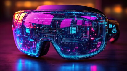 Futuristic virtual reality glasses showcasing vibrant digital circuitry against a soft-focused background