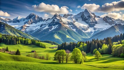 Serene Spring Landscape Featuring a Rustic Cabin Nestled Amidst Lush Green Meadows and Majestic Snow-Capped Mountains