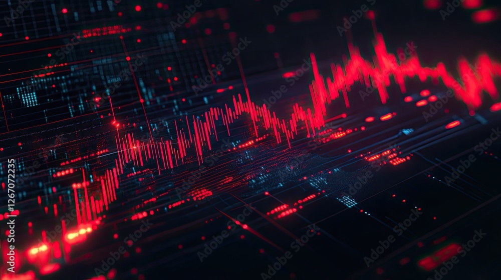 Poster a digital data chart with glowing red declines, symbolizing instability in stock trading and investm