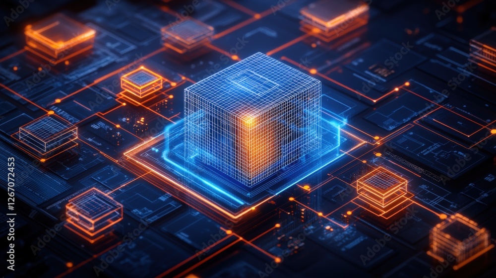 Poster digital architectural wireframe cube with glowing lights on top in a futuristic setting