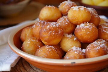 Powdered sugar doughnuts on wooden table. Artificial intelligence image