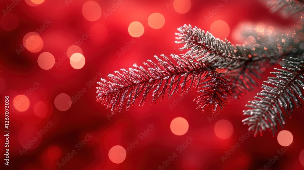 Poster fir branch on red bokeh background
