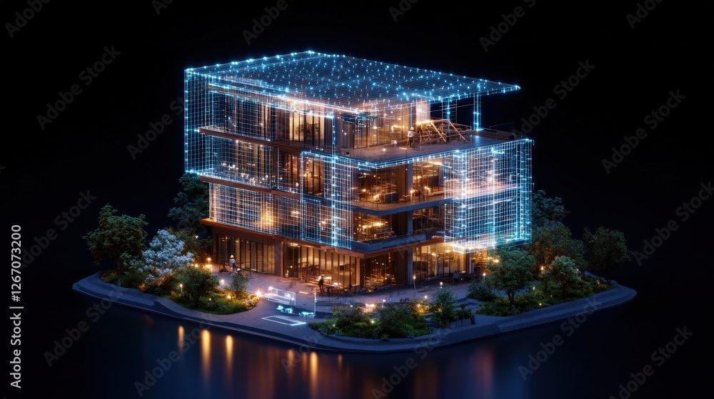 Poster model of a house with illuminated facade and digital blueprint of an office building in holographic 
