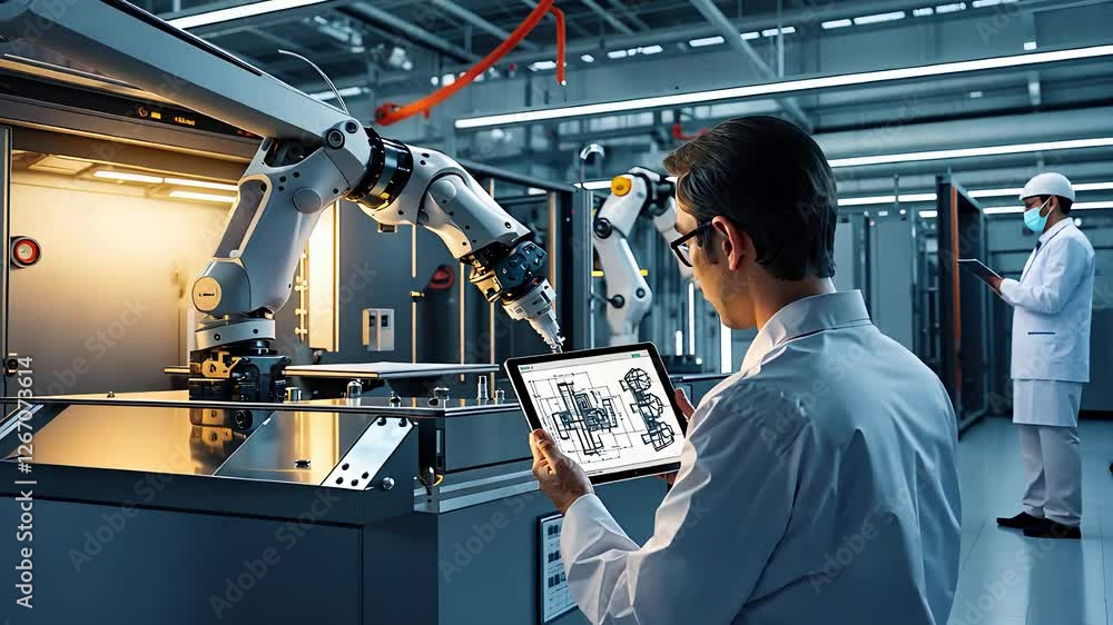 Poster engineer controlling robotic arm with a tablet in a high-tech automated manufacturing facility for i