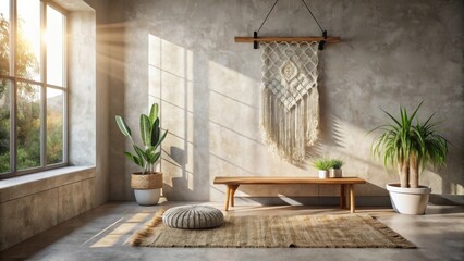 Serene sunlit interior space with wooden bench, woven wall hanging, potted plants, and floor rug creating a calming atmosphere