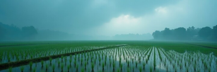 Foggy atmosphere over a paddy field with water under the low hanging dark cloudy sky, natural, water