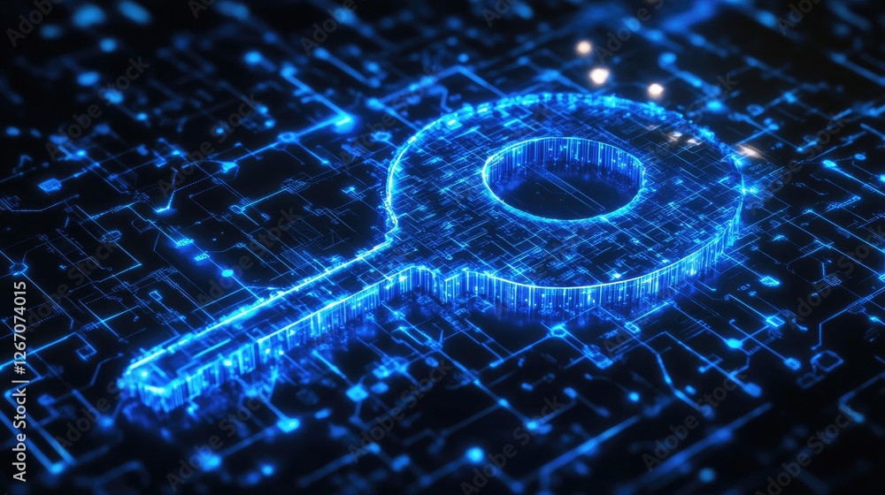 Poster a futuristic blue key icon surrounded by encrypted data, representing secure access and online safet