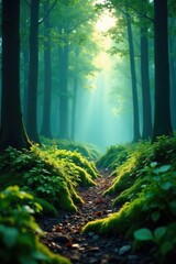 Obraz premium Forest floor bathed in soft, blue-green light, light, forest