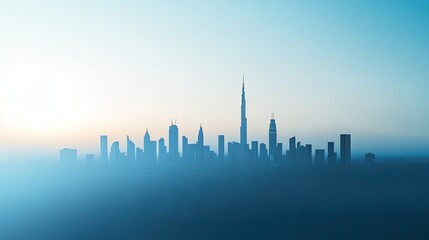 Fototapeta premium A futuristic city skyline in silhouette with a soft blue glow, representing innovation.