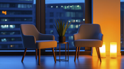 Fototapeta premium Cozy modern living room with two chairs, plant, and ambient lighting