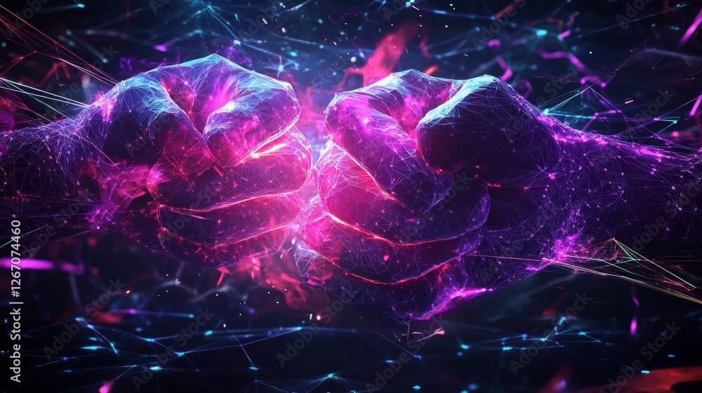 Poster colorful abstract background with raised digital fists in a futuristic technology network design