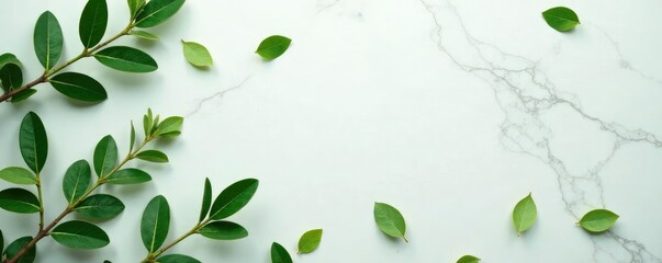 Fragrant eucalyptus leaves scattered on a white marble surface, forest, green, marble