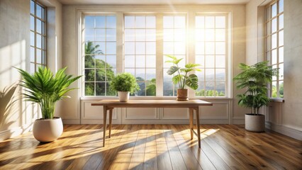 Sunlit Interior Design Featuring a Wooden Table and Lush Potted Plants