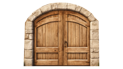 A rustic, weathered wooden door with peeling paint and rusty hinges, set against a transparent background.