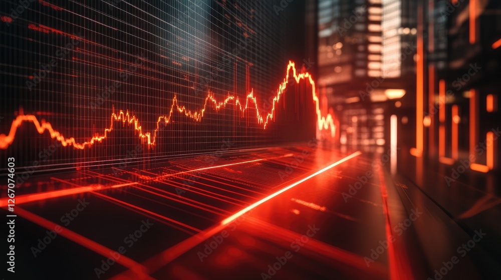Poster a futuristic loss chart with digital light trails and a sharp declining red graph, symbolizing an ec