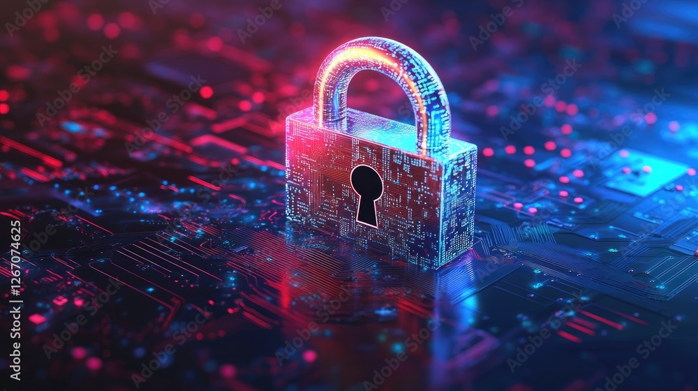 Poster a futuristic padlock hologram with a circuit board background, representing secure digital encryptio