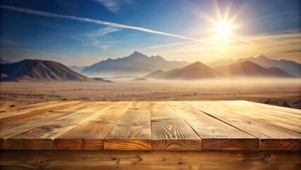 Serene Sunrise Over Desert Mountains with Rustic Wooden Table