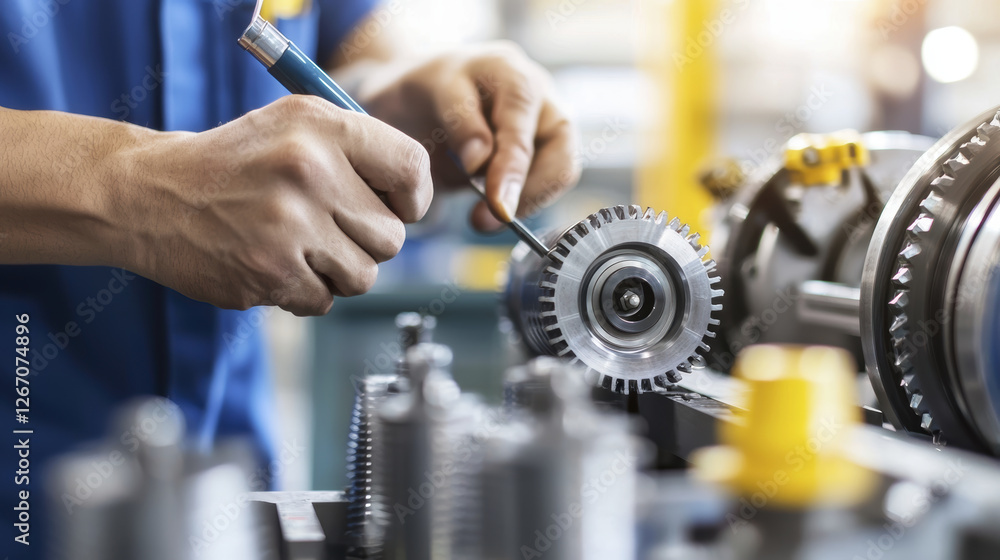 Poster technician working on mechanical component in workshop, showcasing precision and skill