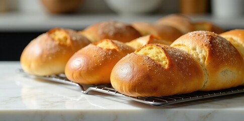 Freshly baked rack of bread with golden brown crust on a marble countertop, bread, oven, baking