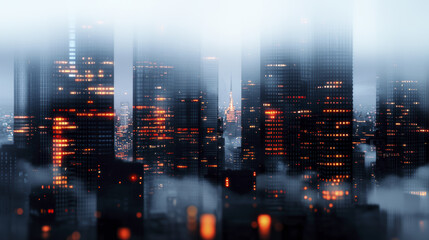 Obraz premium vibrant city skyline at night, illuminated by glowing lights and shrouded in mist, creating mysterious atmosphere