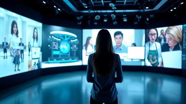 A woman stands in a dark room in front of large curved screens that almost completely surround him. The screen displays various images and videos, including people working at computers and technologic