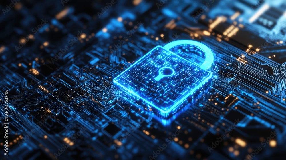 Poster a glowing blue padlock on a circuit board background, symbolizing strong encryption and network secu