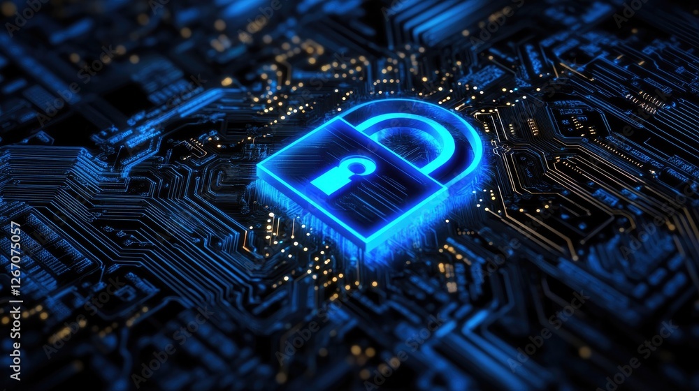 Poster a glowing blue padlock on a circuit board background, symbolizing strong encryption and network secu