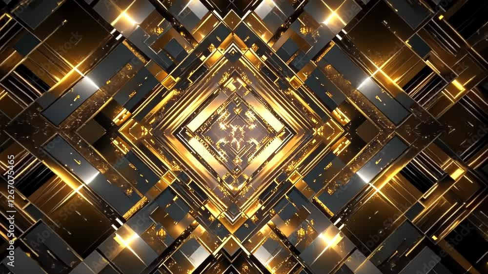 Poster elegant geometric patterns illuminate a digital realm with shimmering gold accents and intricate des