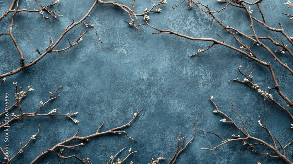 Poster spring branches with buds lie on a textured blue background