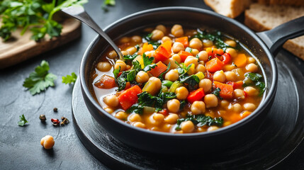 Flavorful chickpea stew simmering with fresh vegetables and herbs in a rustic kitchen setting