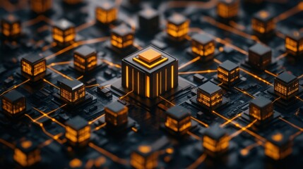 3d cityscape with buildings and digital globe showcasing connected trade routes and global network connections