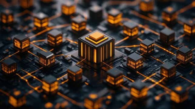 3d cityscape with buildings and digital globe showcasing connected trade routes and global network connections