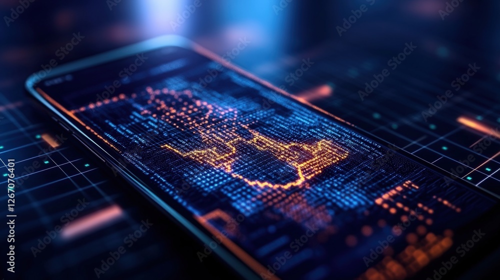 Poster smartphone displaying digital map and marketing data analysis on high resolution screen