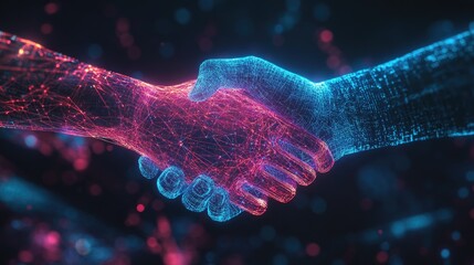 A handshake icon glowing over a futuristic digital background, symbolizing corporate partnership.