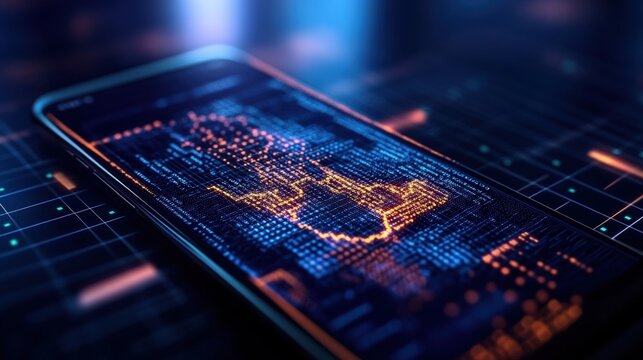 Smartphone displaying digital map and marketing data analysis on high resolution screen
