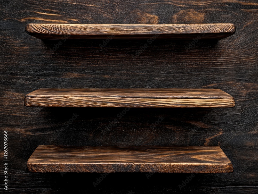 Wall mural Empty rustic wooden shelves on dark wood wall background