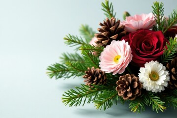 Mixed floral arrangement with pinecones and twigs, winter decorations, evergreen branches, festive decor