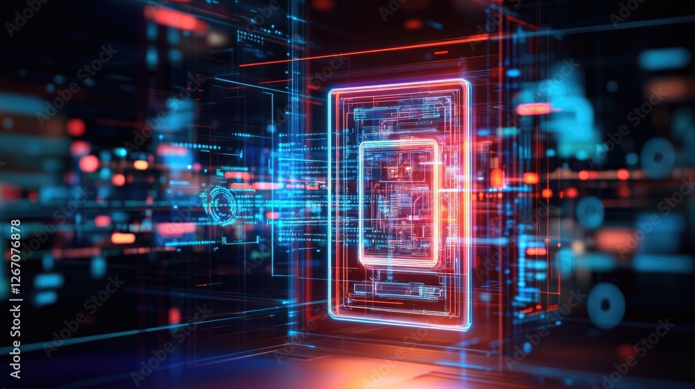 Poster a high-tech security system with futuristic holographic locks and encrypted data protection.