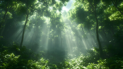 Obraz premium Sunlit Sanctuary: A serene forest bathed in sunlight, with beams of light filtering through the lush green canopy. A symbol of natural beauty and tranquility.