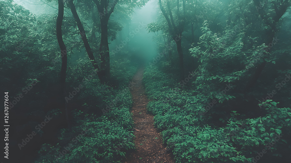Poster path of mystery: a tranquil path meanders through an enchanting forest shrouded in mist, inviting ex